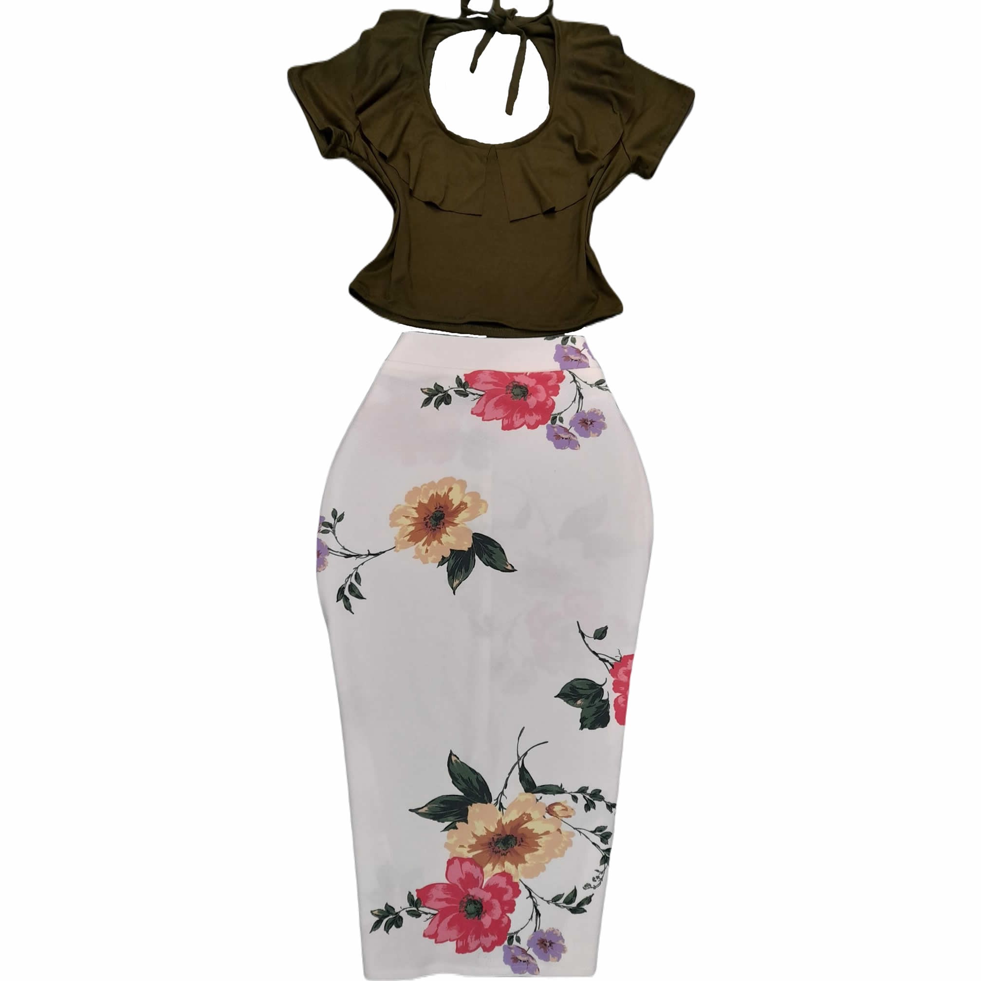 Ruffles Crew Neck Long Sleeve Blouse And Floral Pencil Skirt